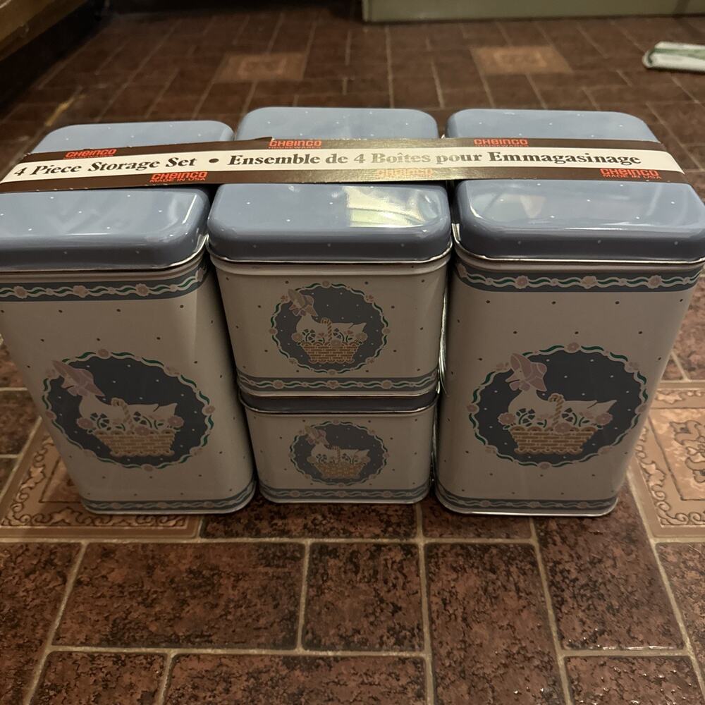 Vintage 80s Country Goose Square Metal Tin Canister Set Of 4 Cottagecore